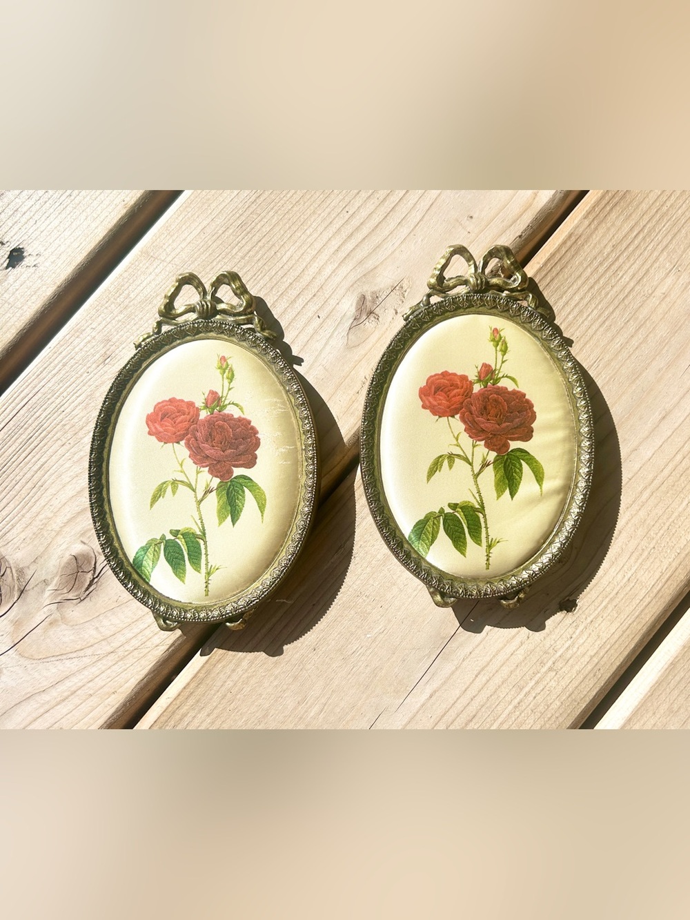 Set of 2 Stunning Mid-Century Italian Brass Framed Flower/ Rose Art, Bows